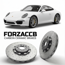 ForzaCCB direct OEM replacement carbon ceramic brake rotors for 2012 to 2016 Porsche 911 Carrera models, shown with a white Porsche 911 Carrera car.