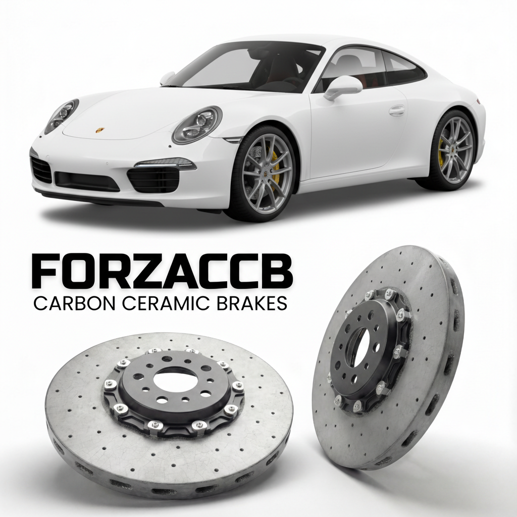 ForzaCCB direct OEM replacement carbon ceramic brake rotors for 2012 to 2016 Porsche 911 Carrera models, shown with a white Porsche 911 Carrera car.