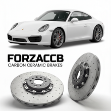 ForzaCCB direct OEM replacement carbon ceramic brake rotors for 2017 to 2019 Porsche 911 Carrera models, shown with a white Porsche 911 Carrera car.