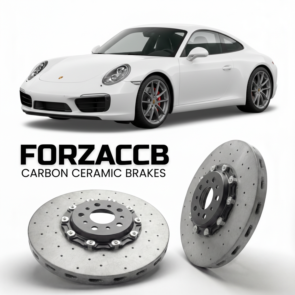 ForzaCCB direct OEM replacement carbon ceramic brake rotors for 2017 to 2019 Porsche 911 Carrera models, shown with a white Porsche 911 Carrera car.