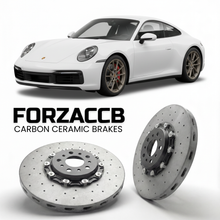 ForzaCCB direct OEM replacement carbon ceramic brake rotors for 2020 and newer Porsche 911 Carrera models, shown with a white Porsche 911 Carrera car.