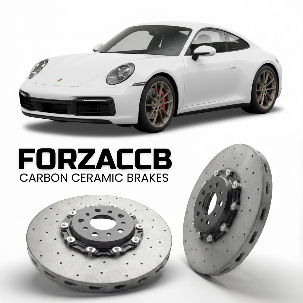 ForzaCCB direct OEM replacement carbon ceramic brake rotors for 2020 and newer Porsche 911 Carrera models, shown with a white Porsche 911 Carrera car.