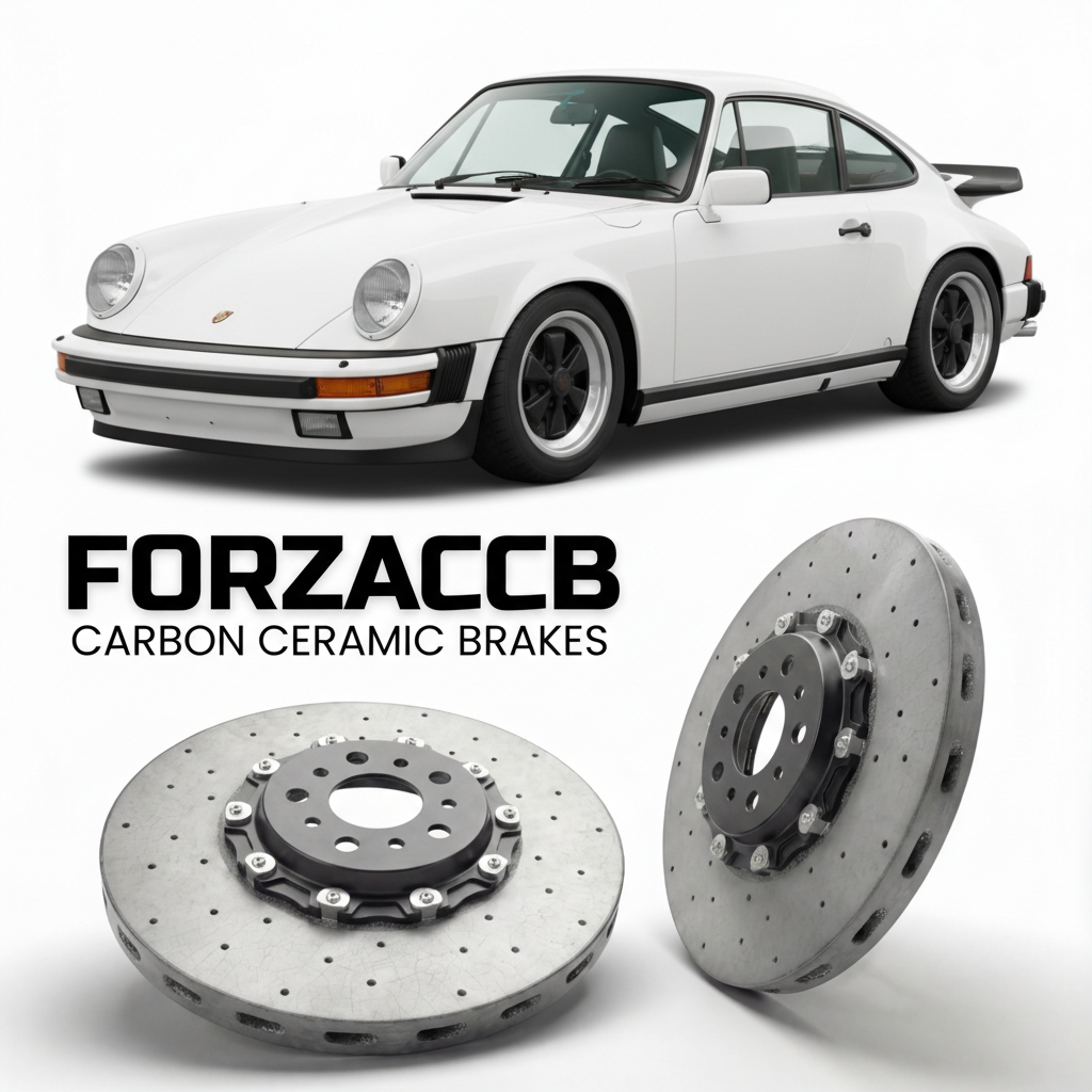 ForzaCCB direct OEM replacement carbon ceramic brake rotors for 1984 to 1989 Porsche 911 Carrera 3.2 models, shown with a white Porsche 911 Carrera 3.2 car.