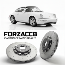 ForzaCCB direct OEM replacement carbon ceramic brake rotors for 1989 to 1994 Porsche 911 Carrera 4 964 models, shown with a white Porsche 911 Carrera 4 car.