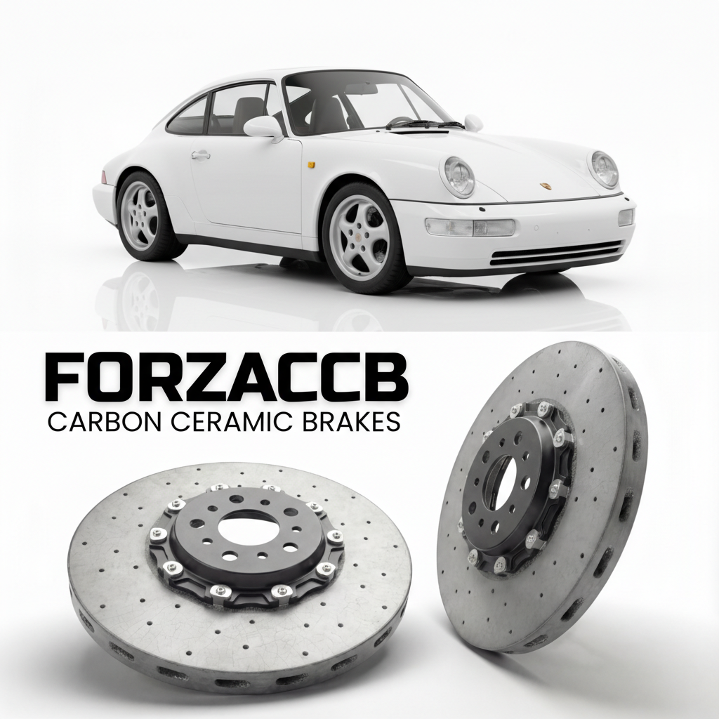 ForzaCCB direct OEM replacement carbon ceramic brake rotors for 1989 to 1994 Porsche 911 Carrera 4 964 models, shown with a white Porsche 911 Carrera 4 car.