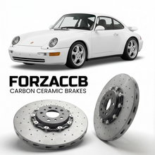 ForzaCCB direct OEM replacement carbon ceramic brake rotors for 1994 to 1998 Porsche 911 Carrera 4 993 models, shown with a white Porsche 911 Carrera 4 car.