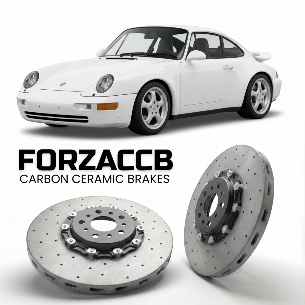 ForzaCCB direct OEM replacement carbon ceramic brake rotors for 1994 to 1998 Porsche 911 Carrera 4 993 models, shown with a white Porsche 911 Carrera 4 car.