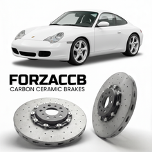 ForzaCCB direct OEM replacement carbon ceramic brake rotors for 1999 to 2004 Porsche 911 Carrera 4 996 models, shown with a white Porsche 911 Carrera 4 car.
