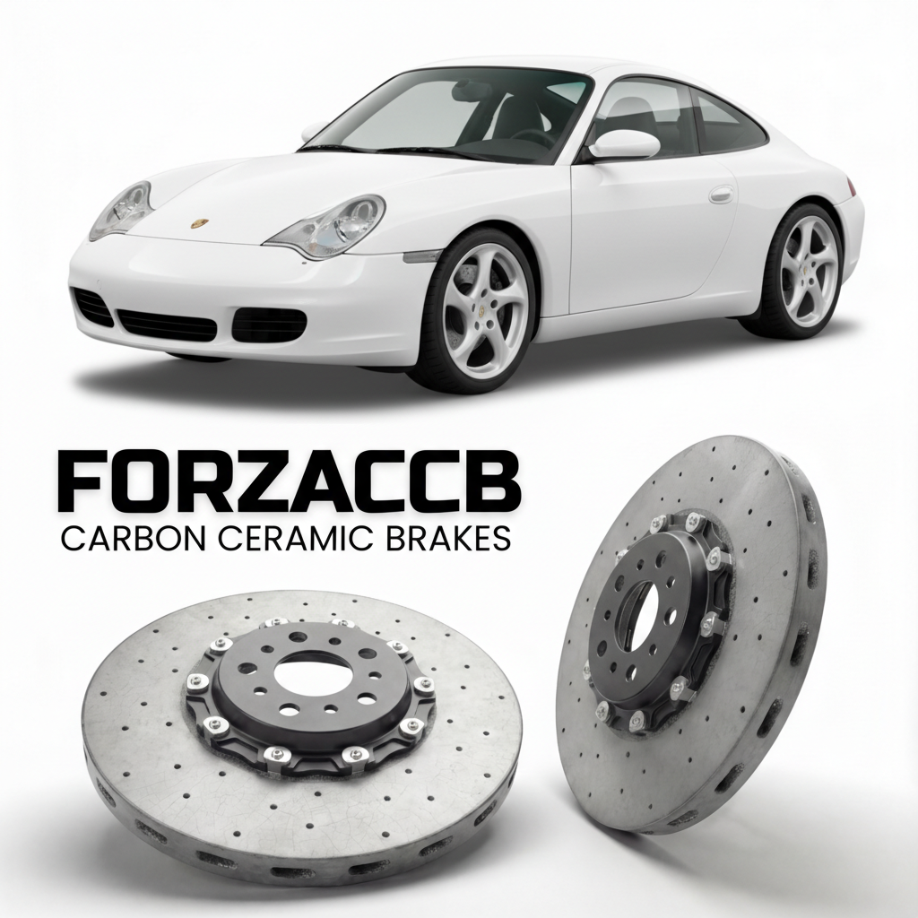 ForzaCCB direct OEM replacement carbon ceramic brake rotors for 1999 to 2004 Porsche 911 Carrera 4 996 models, shown with a white Porsche 911 Carrera 4 car.
