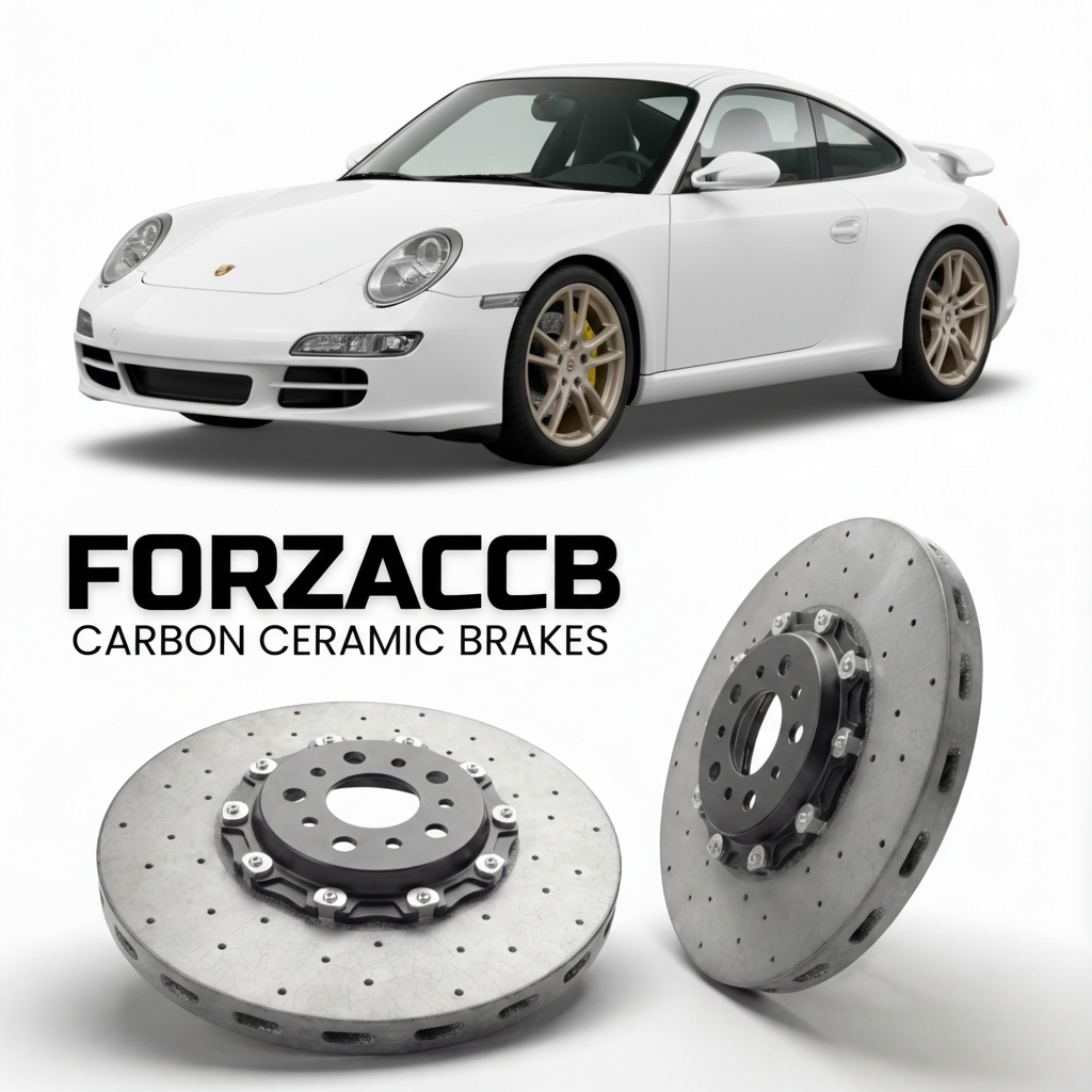 ForzaCCB direct OEM replacement carbon ceramic brake rotors for 2005 to 2008 Porsche 911 Carrera 4 997.1 models, shown with a white Porsche 911 Carrera 4 car.