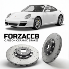 ForzaCCB direct OEM replacement carbon ceramic brake rotors for 2009 to 2012 Porsche 911 Carrera 4 997.2 models, shown with a white Porsche 911 Carrera 4 car.