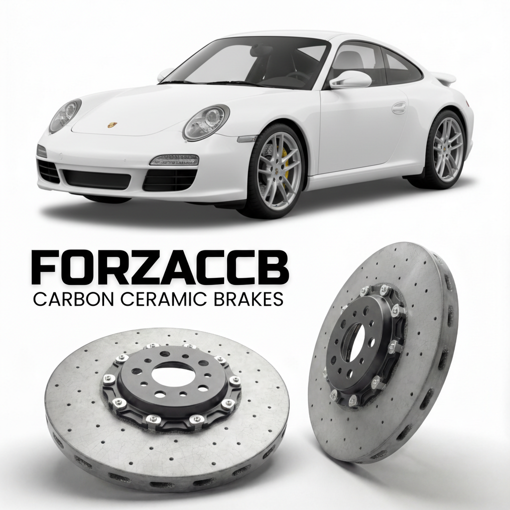 ForzaCCB direct OEM replacement carbon ceramic brake rotors for 2009 to 2012 Porsche 911 Carrera 4 997.2 models, shown with a white Porsche 911 Carrera 4 car.
