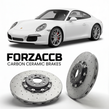 ForzaCCB direct OEM replacement carbon ceramic brake rotors for 2012 to 2016 Porsche 911 Carrera 4 991.1 models, shown with a white Porsche 911 Carrera 4 car.