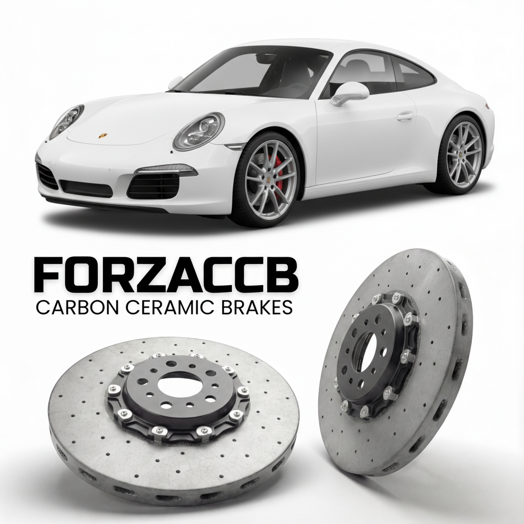 ForzaCCB direct OEM replacement carbon ceramic brake rotors for 2012 to 2016 Porsche 911 Carrera 4 991.1 models, shown with a white Porsche 911 Carrera 4 car.