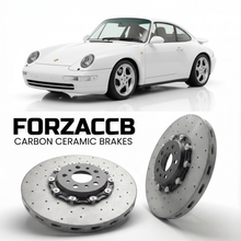 ForzaCCB direct OEM replacement carbon ceramic brake rotors for 1995 to 1998 Porsche 911 Carrera 4S models, shown with a white Porsche 911 Carrera 4S car.