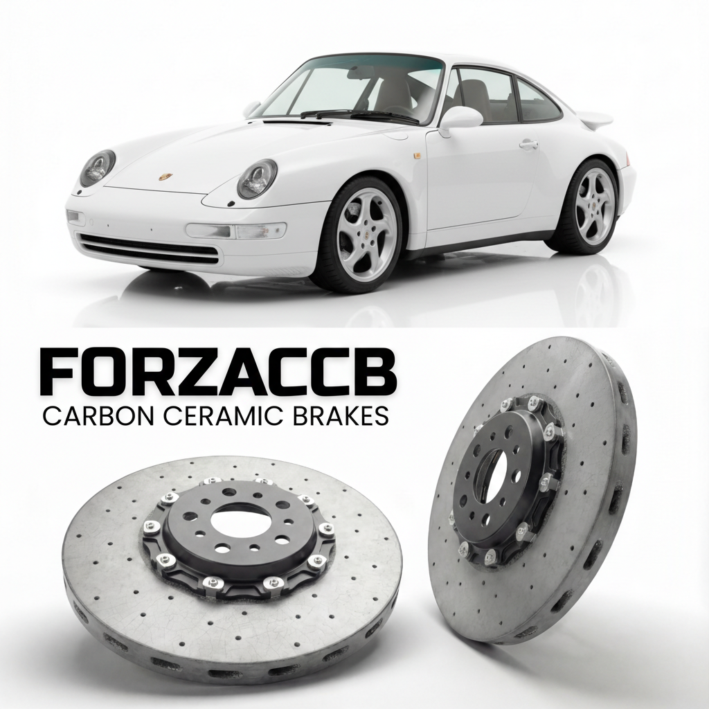 ForzaCCB direct OEM replacement carbon ceramic brake rotors for 1995 to 1998 Porsche 911 Carrera 4S models, shown with a white Porsche 911 Carrera 4S car.