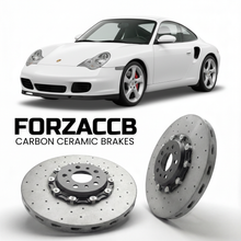 ForzaCCB direct OEM replacement carbon ceramic brake rotors for 2001 to 2005 Porsche 911 Carrera 4S models, shown with a white Porsche 911 Carrera 4S car.