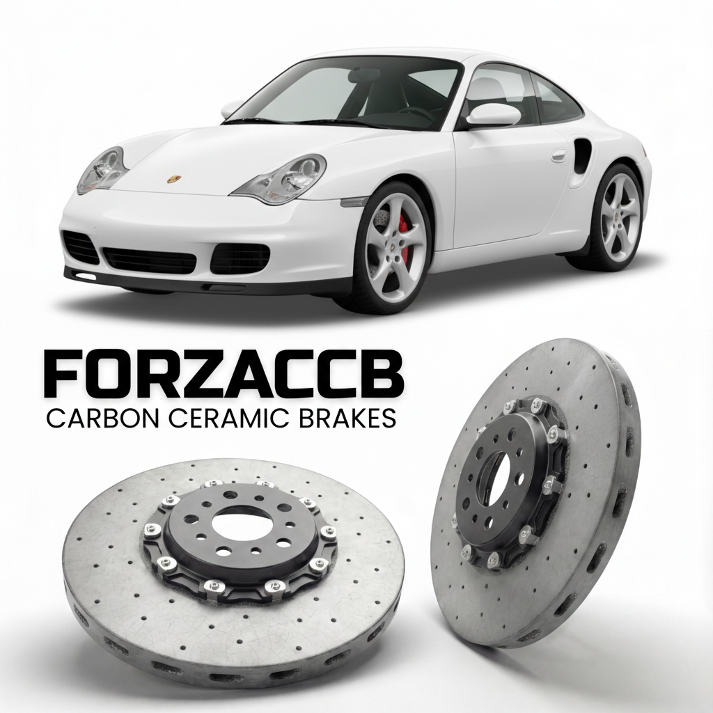 ForzaCCB direct OEM replacement carbon ceramic brake rotors for 2001 to 2005 Porsche 911 Carrera 4S models, shown with a white Porsche 911 Carrera 4S car.
