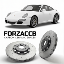 ForzaCCB direct OEM replacement carbon ceramic brake rotors for 2005 to 2008 Porsche 911 Carrera 4S 997.1 models, shown with a white Porsche 911 Carrera 4S car.
