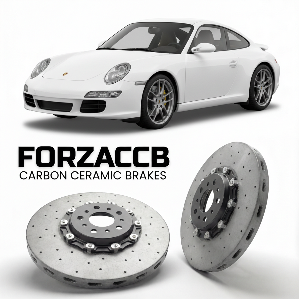 ForzaCCB direct OEM replacement carbon ceramic brake rotors for 2005 to 2008 Porsche 911 Carrera 4S 997.1 models, shown with a white Porsche 911 Carrera 4S car.