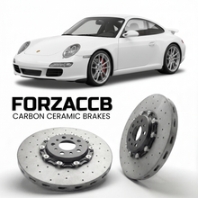 ForzaCCB direct OEM replacement carbon ceramic brake rotors for 2009 to 2012 Porsche 911 Carrera 4S 997.2 models, shown with a white Porsche 911 Carrera 4S car.