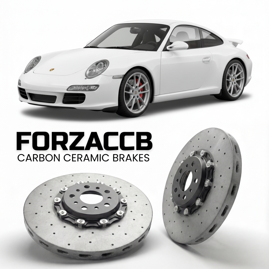 ForzaCCB direct OEM replacement carbon ceramic brake rotors for 2009 to 2012 Porsche 911 Carrera 4S 997.2 models, shown with a white Porsche 911 Carrera 4S car.