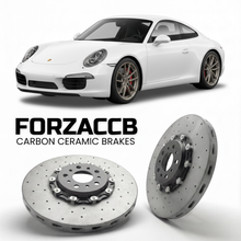 ForzaCCB direct OEM replacement carbon ceramic brake rotors for 2012 to 2016 Porsche 911 Carrera 4S 991.1 models, shown with a white Porsche 911 Carrera 4S car.