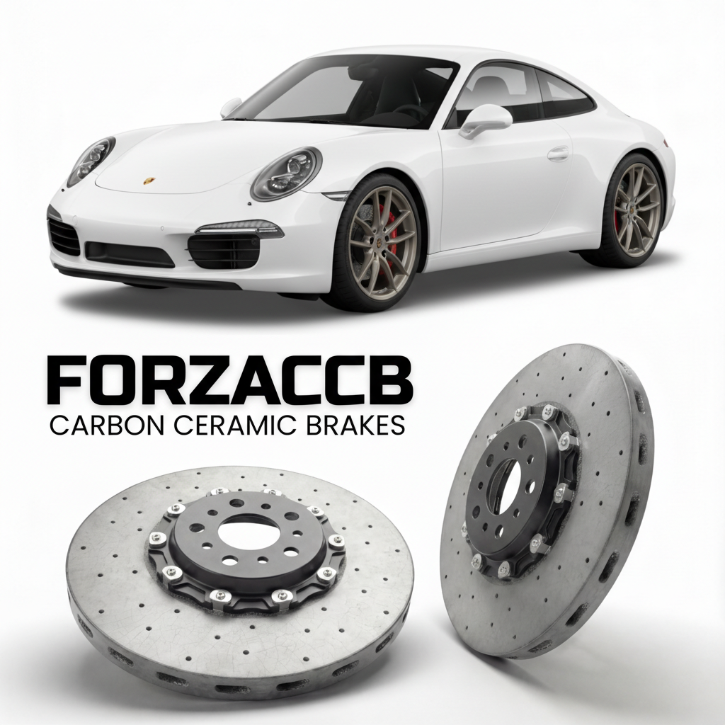 ForzaCCB direct OEM replacement carbon ceramic brake rotors for 2012 to 2016 Porsche 911 Carrera 4S 991.1 models, shown with a white Porsche 911 Carrera 4S car.