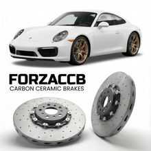 ForzaCCB direct OEM replacement carbon ceramic brake rotors for 2020 and newer Porsche 911 Carrera 4S models, shown with a white Porsche 911 Carrera 4S car.
