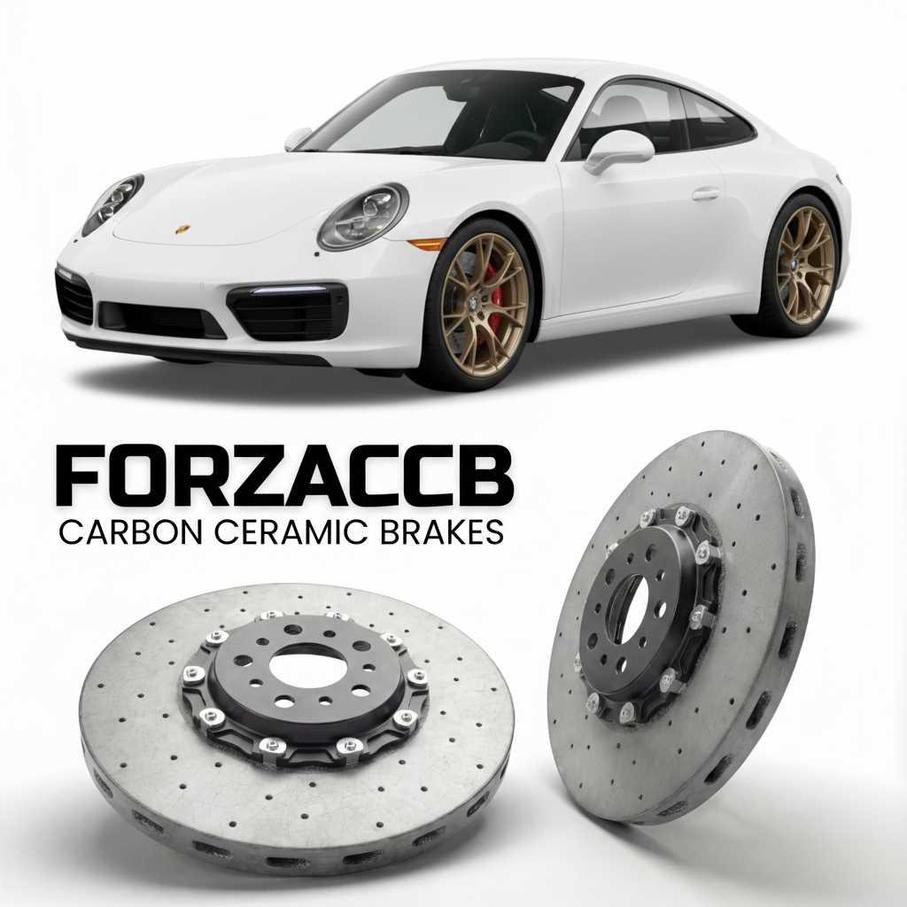 ForzaCCB direct OEM replacement carbon ceramic brake rotors for 2020 and newer Porsche 911 Carrera 4S models, shown with a white Porsche 911 Carrera 4S car.