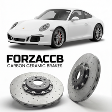 ForzaCCB direct OEM replacement carbon ceramic brake rotors for 2017 to 2019 Porsche 911 Carrera GTS 991.2 models, shown with a white Porsche 911 Carrera GTS car.