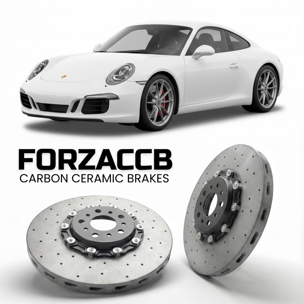 ForzaCCB direct OEM replacement carbon ceramic brake rotors for 2017 to 2019 Porsche 911 Carrera GTS 991.2 models, shown with a white Porsche 911 Carrera GTS car.