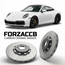 ForzaCCB direct OEM replacement carbon ceramic brake rotors for 2020 and newer Porsche 911 Carrera GTS 992 models, shown with a white Porsche 911 Carrera GTS car.