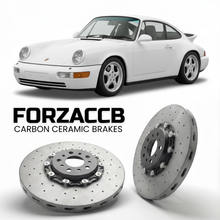 ForzaCCB direct OEM replacement carbon ceramic brake rotors for 1992 Porsche 911 Carrera RS 964 models, shown with a white Porsche 911 Carrera RS car.
