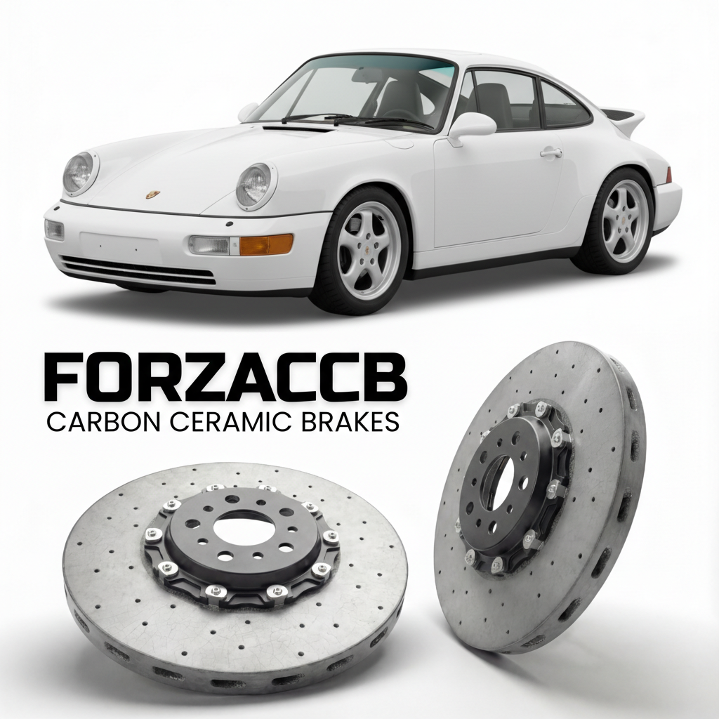 ForzaCCB direct OEM replacement carbon ceramic brake rotors for 1992 Porsche 911 Carrera RS 964 models, shown with a white Porsche 911 Carrera RS car.