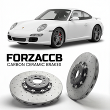 ForzaCCB direct OEM replacement carbon ceramic brake rotors for 2005 to 2008 Porsche 911 Carrera S models, shown with a white Porsche 911 Carrera S car.