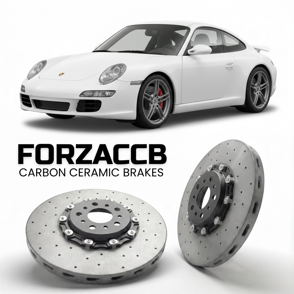 ForzaCCB direct OEM replacement carbon ceramic brake rotors for 2005 to 2008 Porsche 911 Carrera S models, shown with a white Porsche 911 Carrera S car.