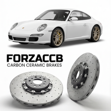 ForzaCCB direct OEM replacement carbon ceramic brake rotors for 2009 to 2012 Porsche 911 Carrera S models, shown with a white Porsche 911 Carrera S car.