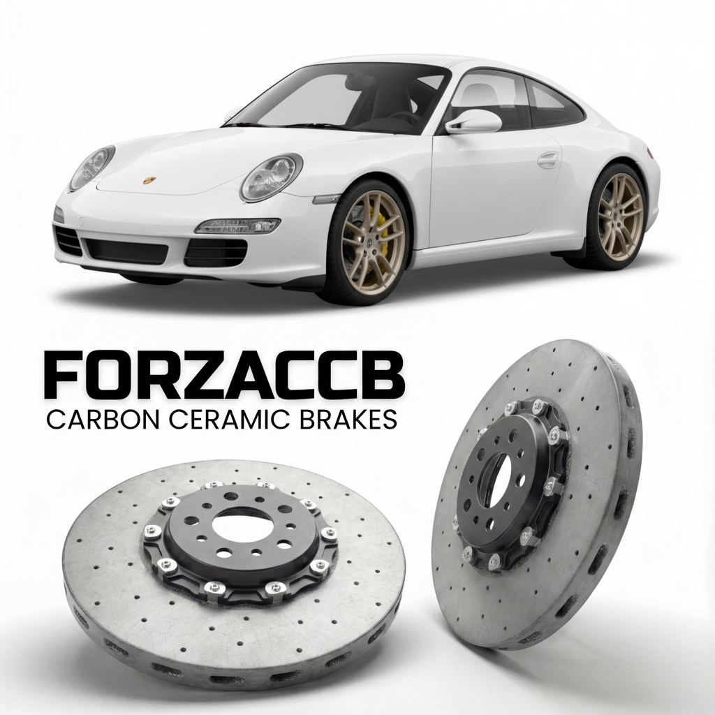 ForzaCCB direct OEM replacement carbon ceramic brake rotors for 2009 to 2012 Porsche 911 Carrera S models, shown with a white Porsche 911 Carrera S car.