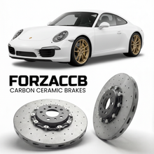 ForzaCCB direct OEM replacement carbon ceramic brake rotors for 2012 to 2016 Porsche 911 Carrera S models, shown with a white Porsche 911 Carrera S car.