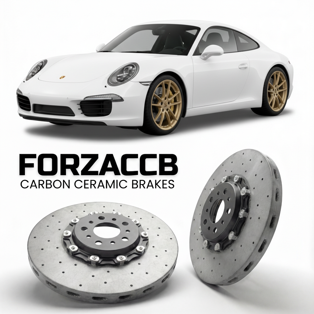 ForzaCCB direct OEM replacement carbon ceramic brake rotors for 2012 to 2016 Porsche 911 Carrera S models, shown with a white Porsche 911 Carrera S car.