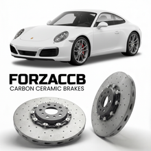 ForzaCCB direct OEM replacement carbon ceramic brake rotors for 2017 to 2019 Porsche 911 Carrera S models, shown with a white Porsche 911 Carrera S car.