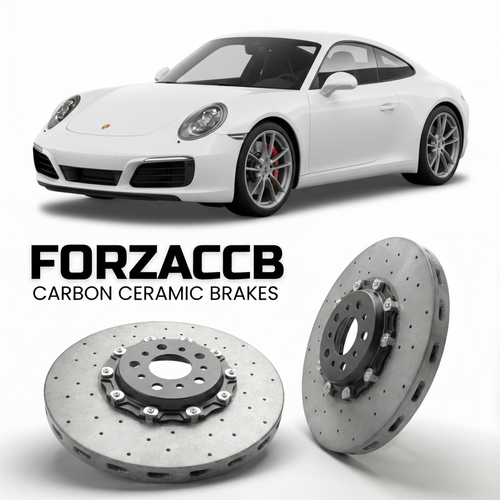 ForzaCCB direct OEM replacement carbon ceramic brake rotors for 2017 to 2019 Porsche 911 Carrera S models, shown with a white Porsche 911 Carrera S car.