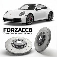ForzaCCB direct OEM replacement carbon ceramic brake rotors for 2020 and newer Porsche 911 Carrera S models, shown with a white Porsche 911 Carrera S car.