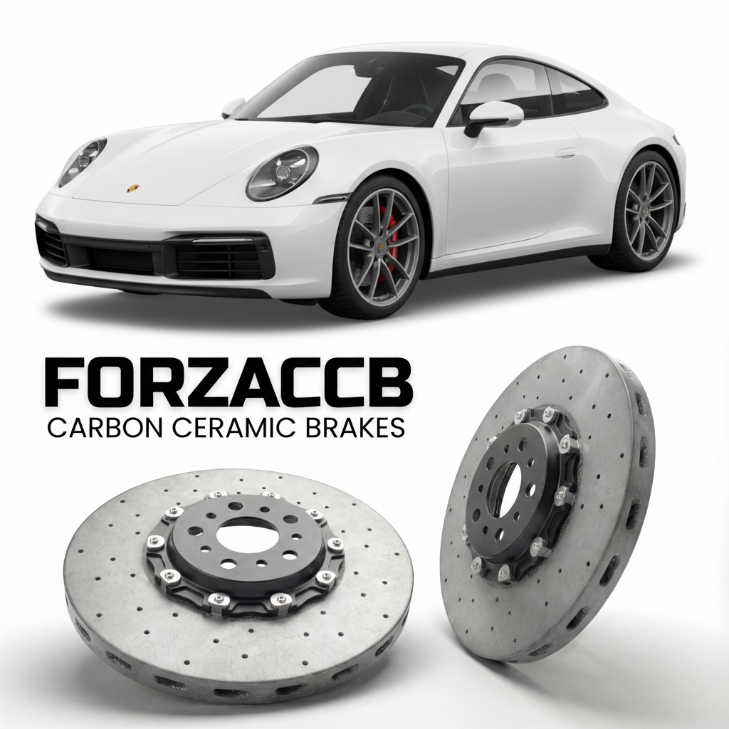 ForzaCCB direct OEM replacement carbon ceramic brake rotors for 2020 and newer Porsche 911 Carrera S models, shown with a white Porsche 911 Carrera S car.