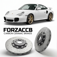 ForzaCCB direct OEM replacement carbon ceramic brake rotors for 2001 to 2005 Porsche 911 GT2 996 models, shown with a white Porsche 911 GT2 car.