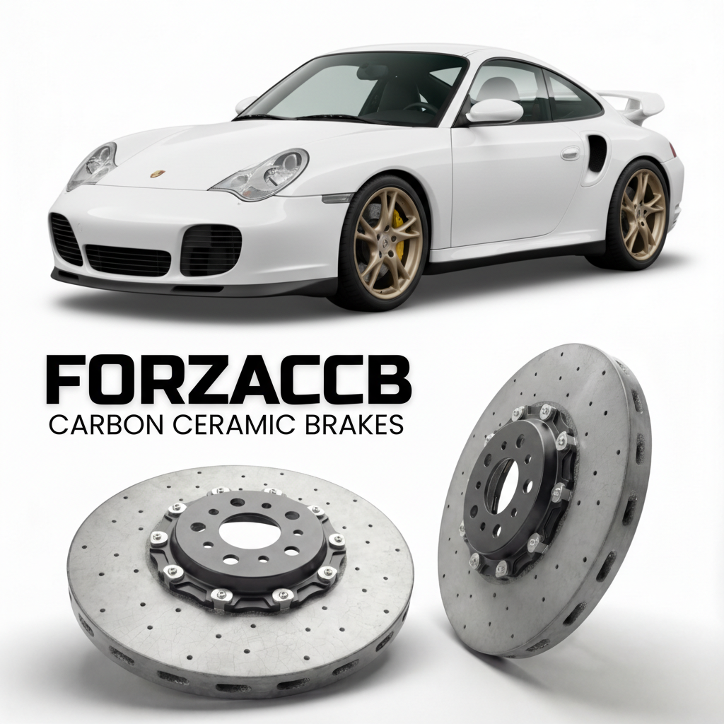 ForzaCCB direct OEM replacement carbon ceramic brake rotors for 2001 to 2005 Porsche 911 GT2 996 models, shown with a white Porsche 911 GT2 car.