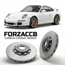 ForzaCCB direct OEM replacement carbon ceramic brake rotors for 2006 to 2009 Porsche 911 GT3 997.1 models, shown with a white Porsche 911 GT3 car.