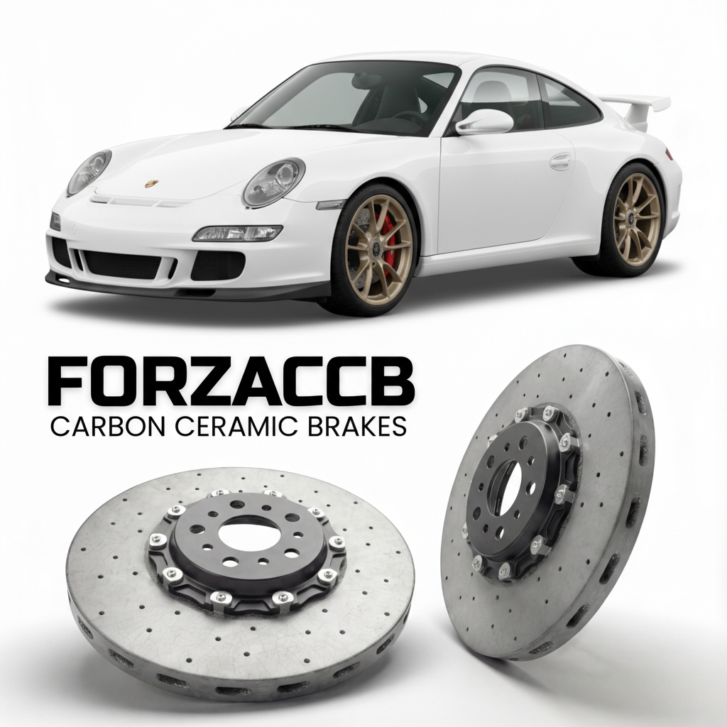 ForzaCCB direct OEM replacement carbon ceramic brake rotors for 2006 to 2009 Porsche 911 GT3 997.1 models, shown with a white Porsche 911 GT3 car.