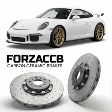 ForzaCCB direct OEM replacement carbon ceramic brake rotors for 2014 to 2019 Porsche 911 GT3 991 models, shown with a white Porsche 911 GT3 car.